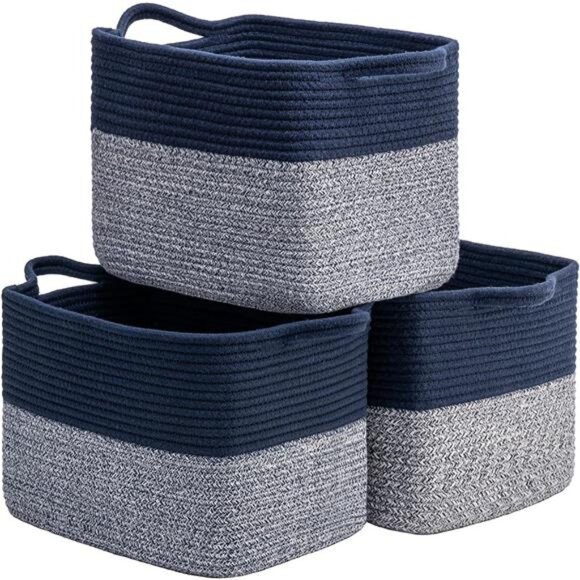 3 Pcs Rope Baskets Storage Organizing BinsBlue 13''x9.8''x9'' 3 Pack